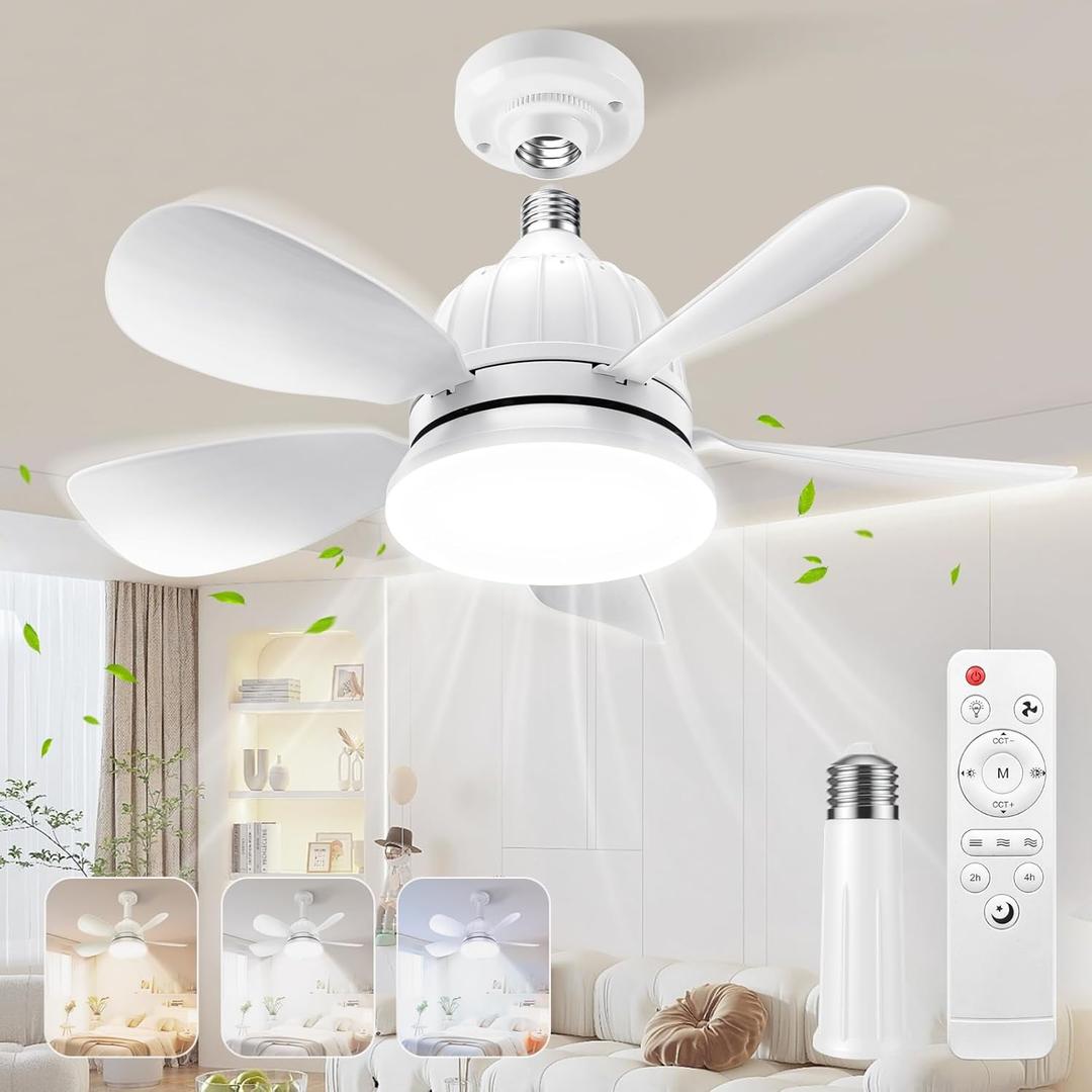 Socket Fan Light with Remote: 18'' Small Ceiling Fans with Lights, 2000 Lumens Dimmable Led Bulb, 3 Colors 3000K-6500K, Easy Install Screw in E26 Base for Bedroom Living Room Kitchen Garage (White)