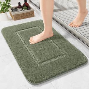 LOCHAS Bathroom Rugs, 24" x 17" Small Bath Rug, Non Slip Washable Bath Mat Soft Absorbent Microfiber Bathroom Mat, Shaggy Plush Luxury Bath Carpet for Shower, Sage Green