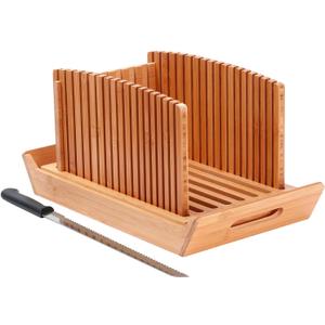 Bread Slicer for Homemade Bread, Bamboo Loaf Cutter with Knife and Crumb Catcher, Adjustable Foldable and Compact Cutting Guide 3 Size Slicing Guide