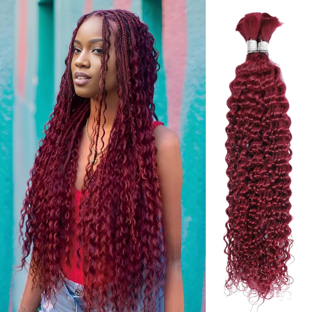 Burgundy 99J Deep Wave Bulk Human Braiding Hair 100g(2 Bundles Per 50g) 20 Inch Braiding Hair No Weft Brazilian Virgin Deep Curly Human Hair Extensions for Boho Braids