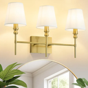 Bathroom Light Fixtures,23.6 IN Bathroom Vanity Lights Over Mirror，3-Light Antique Brass Vintage Wall Sconce With Flared White Fabric Lampshade For Bedroom,Living Room,Foyer,Hardwired,E12 Base