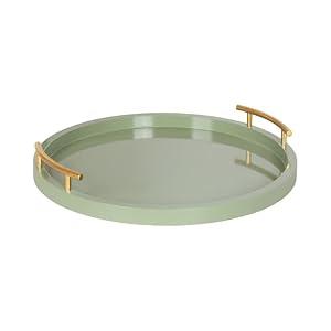 Kate and Laurel Halsey Decorative Wooden Round Tray with Polished Metal Handles, 16 Inch Diameter, Sage Green and Gold, Modern Glam Circle Serving Tray for Use as Ottoman Topper or Coffee Table Accent