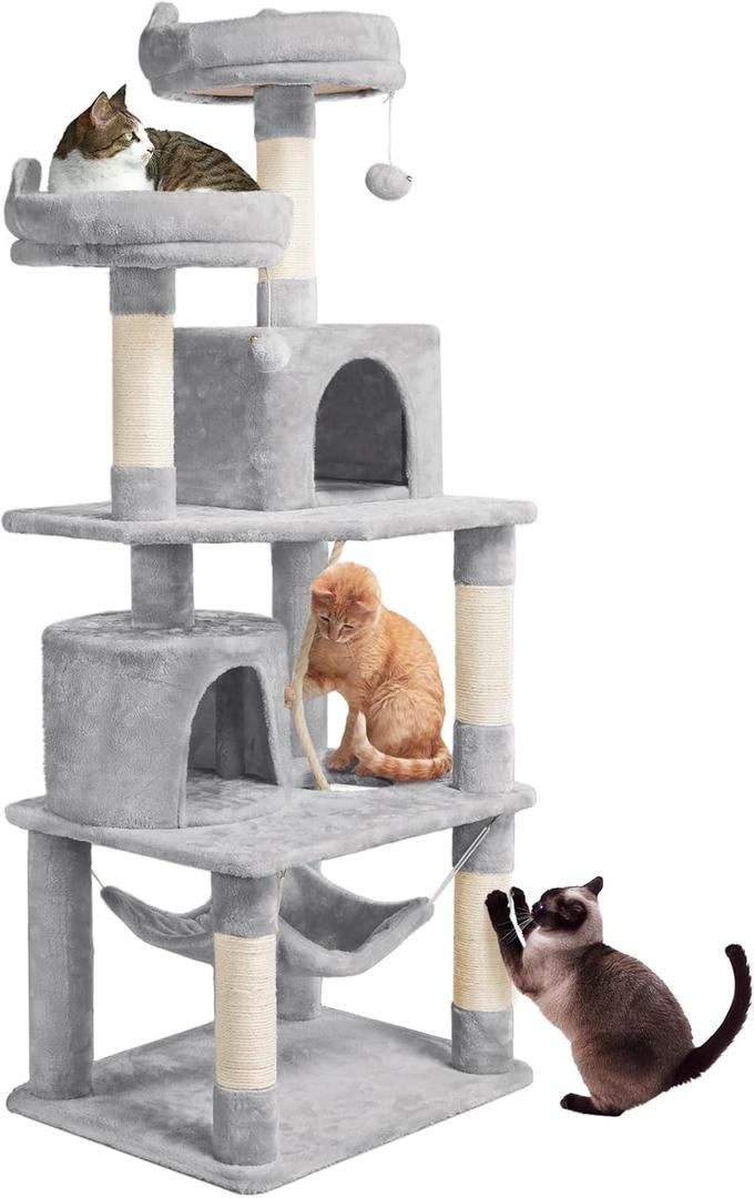 Yaheetech 62.5inches Cat Tree Cat Tower Cat Condo with Platform & Hammock, Scratching Posts for Kittens Pet Play House with Plush Perch for Indoor Activity Relaxing, Light Gray