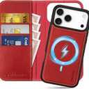 SHIELDON Detachable Wallet Case for iPhone 17 Pro Max 6.9" | Genuine Leather | Flip Magnetic Closure | Wireless Charging | RFID Blocking Credit Card Holder | Kickstand | Shockproof Cover | Retro Red