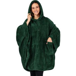 PAVILIA Angel Wrap Hooded Blanket Poncho, Wearable Blanket Throw Wrap Poncho for Women Adult, Cozy Fluffy Sherpa Shawl Cape (Emerald Green)