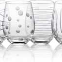 Joeyan Hand Blown Etched Stemless Wine Glasses with Dots Strips Pattern for Red Wine, Large Carved Drinking Glass Cups Tumblers for Wedding Anniversary Party Home, Set of 4,17.5 oz
