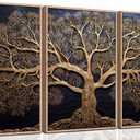 3Pcs Vintage Tree Life Canvas Wall Art Abstract Gold Tree Painting Decor Pictures Moody Modern Dark Plants Tree of Life Posters Prints for Living Room Bathroom Bedroom Decoration No Frames, 16"L x 12"W