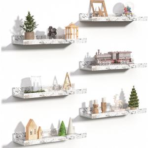 upsimples Floating Shelves for Wall, Wall Shelves for Decor Storage Set of 6, Wall Mounted Wood Shelves for Bedroom, Living Room, Bathroom, Kitchen, Picture Ledge Shelves, Rustic White (15.7in)