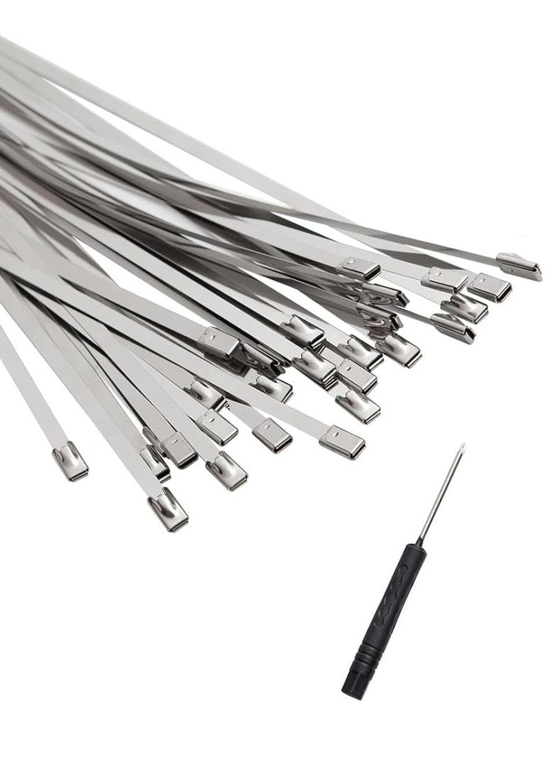 Metal Zip Ties Kit, 48 PCS 9.8 Metal Cable Ties, Stainless Zip Ties for Chain Link Fence Stakes Privacy Slats Exhaust Pipe Outdoor with Free Release Tool