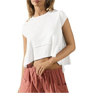 SOLY HUX Women's Athletic T Shirt Cap Sleeve Crewneck Asymmetrical Hem Tee Loose Fit Summer Crop Tops (White, S)