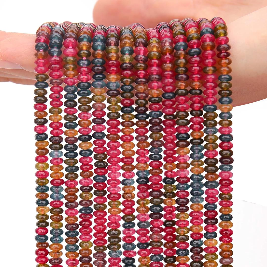 Colorful Tourmaline Rondelle Beads, 2 * 4mm Gemstone Loose Spacer Abacus Disk Beads for DIY Bracelet Necklace Earrings Jewelry Making, Craft Supplies Beading Kit