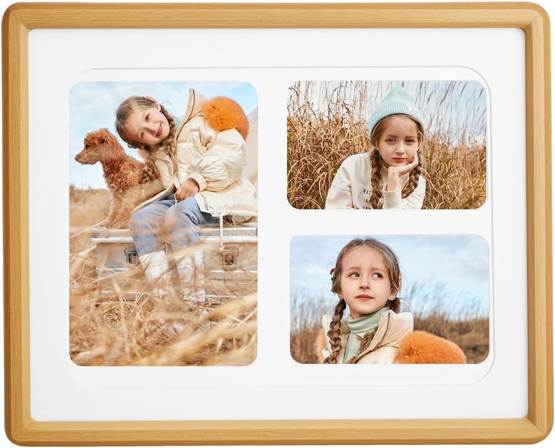 8x10 Collage Picture Frame Natural Teak Solid Wood, 4x6 Collage Photo Frame Displays and Two 3x4 Photos or 8x10 (Without Mat), Wooden Frame for Tabletop or Wall Mounting Display