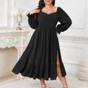 SCOMCHIC Womens Plus Size Wedding Guest Cocktail Dress Sweetheart Neckline Long Sleeve Smocked Ruffle Slit Maxi Dresses (Black, XL)