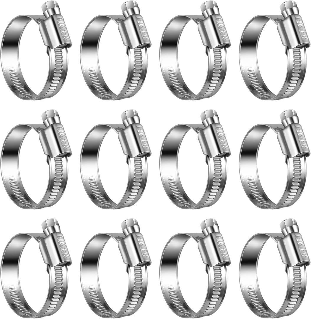 Heavy Duty Hose Clamp Size#16, 1 to 1-5/8 inch Adjustable Worm Gear Drive Hose Clamps Stainless Steel 304 for Fuel Injection Line, Automotive, Radiator, Garden, Pack of 12