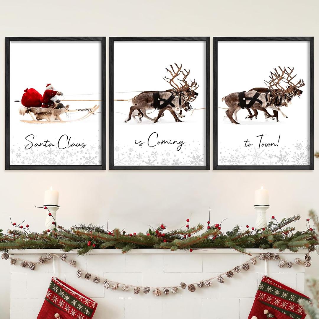 LITIVY Christmas Wall Art Prints - Set of 3 Santa Claus with Sleigh Deer for Home Decor - Xmas Sign - 12x16in - Black
