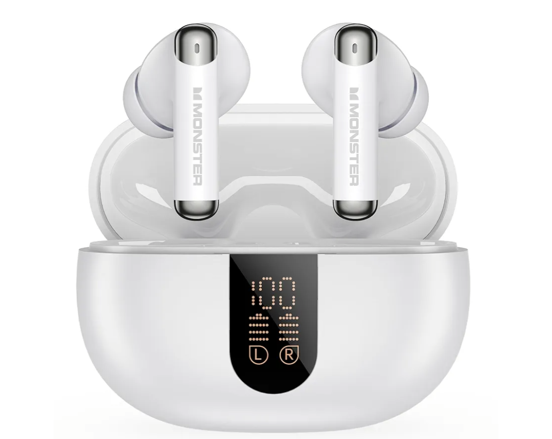 Monster N-Lite 211 Wireless Earbuds, Bluetooth 6.0 Stereo Headphones with Noise-Cancelling Mic and LED Display, Built-in Mic for Clear Calls, Waterproof Design for Sports, White