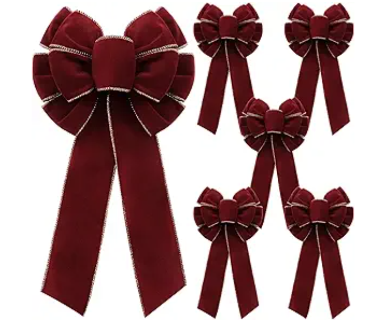 6 Pcs Burgundy Bows 8" x 16" for Christmas Tree, Large Christmas Velvet Bows with Gold Border Waterproof Indoor Outdoor Xmas Tree Elegance Craft for Garland Swags Lantern Outdoor Craft Decor