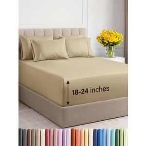 Extra Deep King Sheet Set - 6 Piece Breathable and Cooling Sheets - Hotel Luxury Bed Sheets Set - Easy & Secure Fit - Soft, Wrinkle Free and Comfy Sheets Set - Beige Sheet Set with Extra Deep Pockets