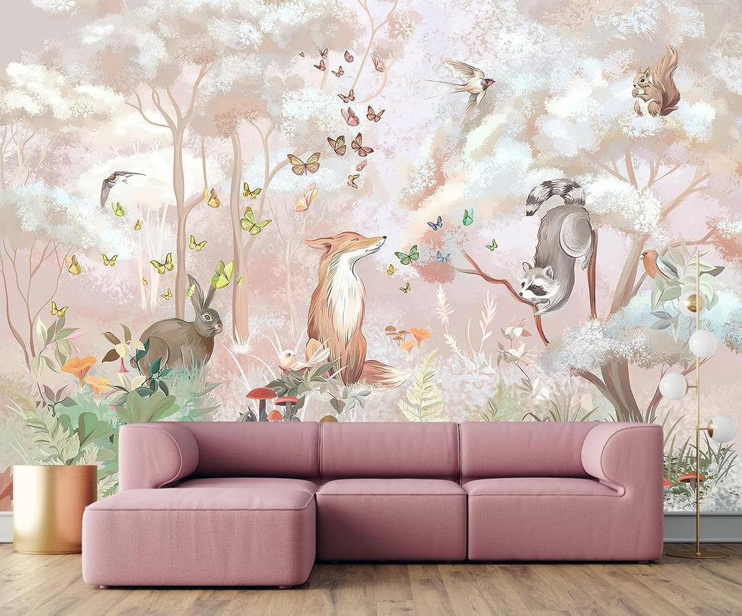 Kids Safari Wallpaper for Nursery, Woodland Fox Squirrel Rabbit Animals Wall Mural Pink Forest Wallpaper for Bedroom Living Room Children's Room(Not Self-Adhesive) (149" x 96", 229) Kids Safari Wallpaper for Nursery, Woodland Fox Squirrel Rabbit Animals Wall Mural Pink Forest Wallpaper for Bedroom Living Room Children's Room(Not Self-Adhesive) (149" x 96", 229)