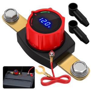 Joinfworld Side Post Battery Disconnect Switch 12V-48V with Led Voltmeter Display, DC 5-60V Battery Kill Switch Waterproof Marine Battery Cut Off Switch 12 Volt for Car RV Boat ATV UTV Vehicles