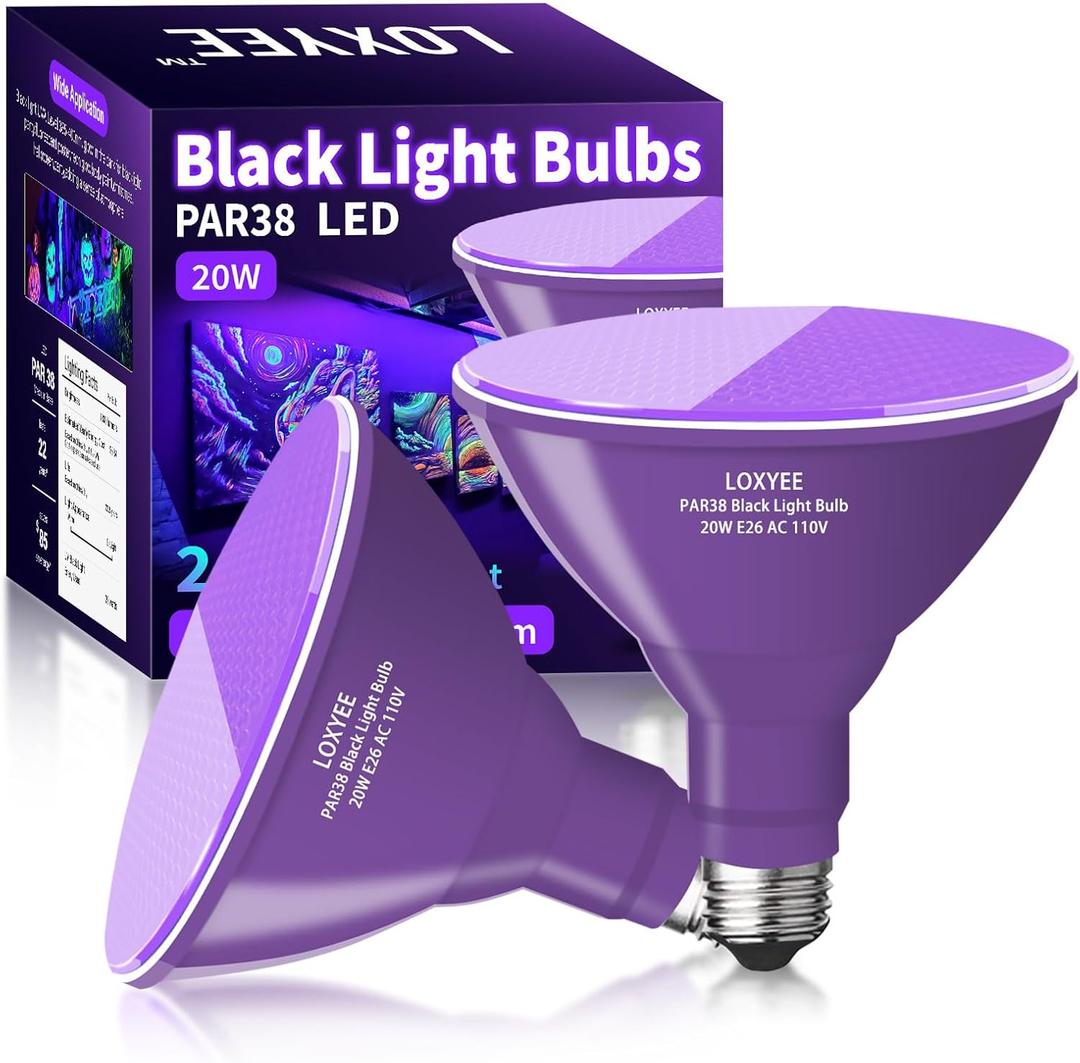 PAR38 Halloween LED Black Light Bulbs 2 Pack,E26 Base 20W(200W Equivalent) Black Light UVA Level 385-400nm, Glow in The Dark for Blacklight Party,Poster,Neon Glow,Body Paint