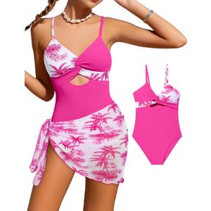 Girls'Swimwear One Piece Kids Swimsuits for Girls Tropical Twist Cross Bathing Suits with Cover Up Skirt (13-14 Years)
