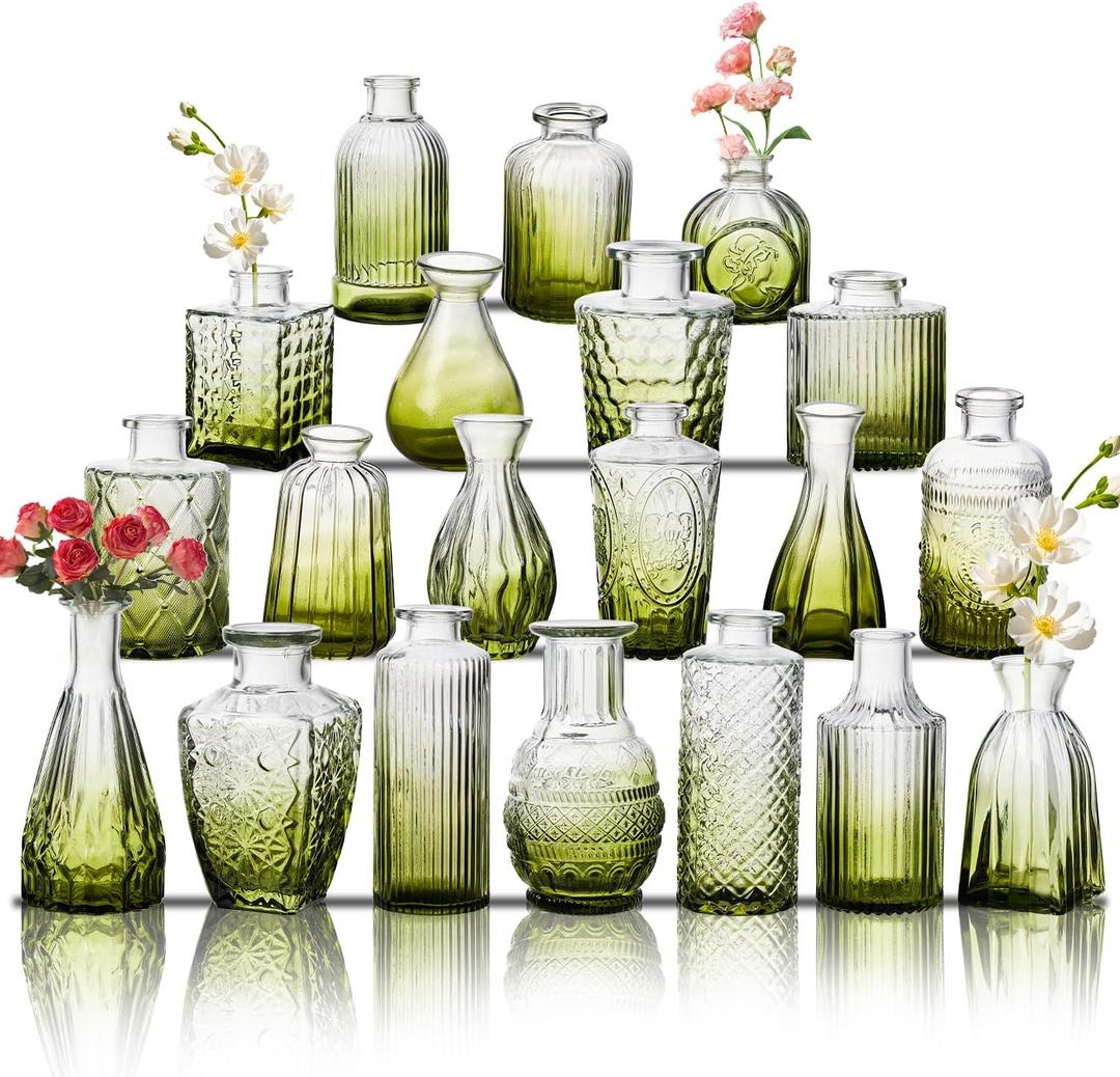 Glass Bud Vase Set of 20, Small Flower Vases, Glass Vases for Centerpieces, Vintage Home Table Decorations Bud Vases (20 Pcs, Green)