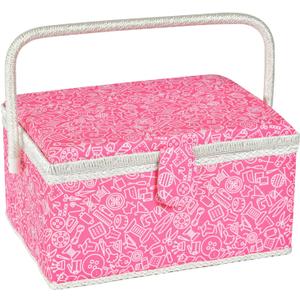 Sewing Basket (Pink, Large Rectangle) | Wooden Sewing Storage Box with Removable Tray, Vintage Sewing Carrying Bag for Sewing Mending, Beginner, Professional