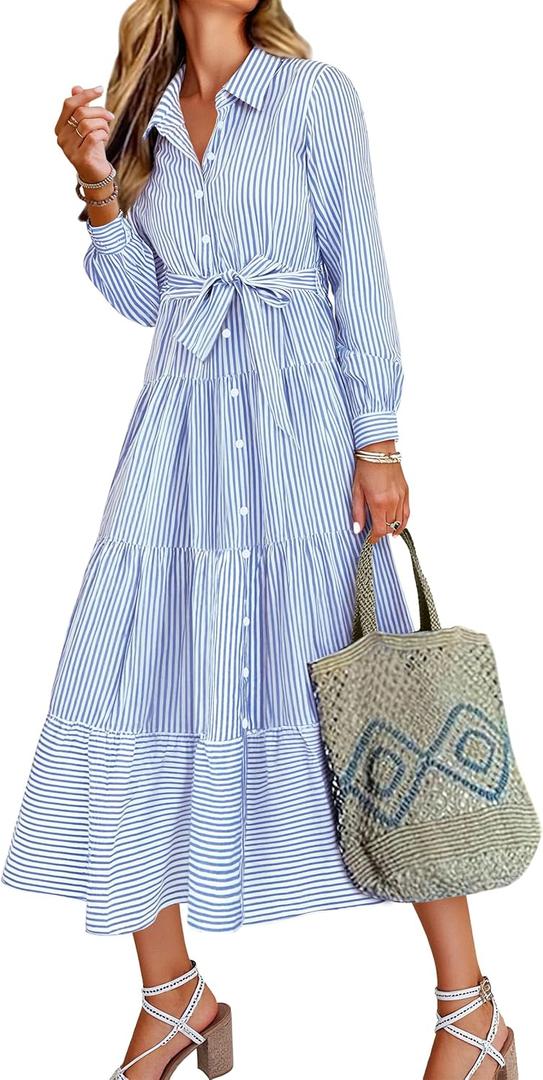 Caracilia Women Long Sleeve Maxi Dress 2026 Spring Casual Button Down Striped Plaid Tie Waist Shirt Dresses Vacation Outfits