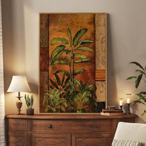 Framed Boho Tropical Botanical Wall Art for Living Room, Brown Green Plant Leaf Paintings Prints Canvas Artwork for Walls, Vertical Mid Century Modern Wall Decor for Bedroom Kitchen Home, 24x36 Inch