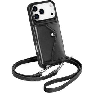 LUCKYCOIN Crossbody Wallet Phone Case for iPhone 17 Pro Max, Genuine Phone Case with Expandable Wallet Card Holder & Adjustable Removable Crossbody Strap, Phone Purse with Card Slot - Retro Black