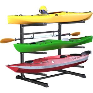 Outdoor Freestanding Kayak Rack, Heavy Duty Kayak Stand for 3 Kayaks, Canoe, Surfboard, Paddle Board Storage, Hold up to 600lbs, Black