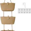 TeoKJ 3-Tier Hanging Baskets for Storage with Pearl Button Strap, Cotton Rope Over the Door Organizer, Wall-Mounted with Hook Decorative Hanging Nursery Baskets, Jute