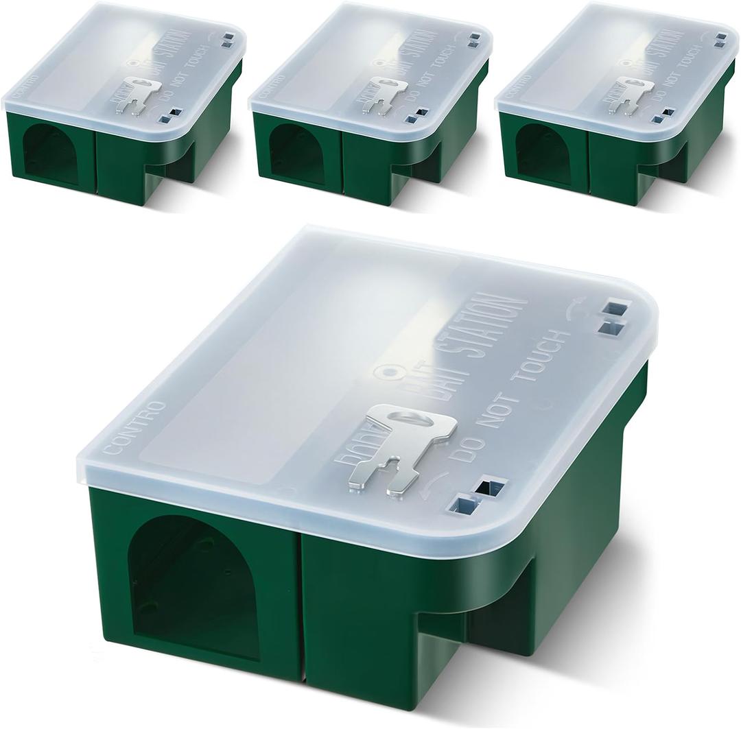 Qualirey 4 Pcs Rat Bait Station with Keys Rodent Trap Box,Clear,Green