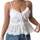 SweatyRocks Women's Y2k V Neck Ruffle Trim Tops Summer Sleeveless Spaghetti Strap Women Shirts (White, S)