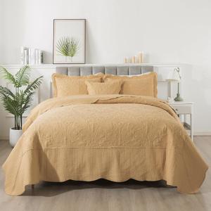HoneiLife California King Quilt 128x120 - Oversized King Bedspreads 4-Piece,Rustic Bedding Sets Quilted,Reversible Coverlets Lightweight Bed Cover for All Season Use-Yellow