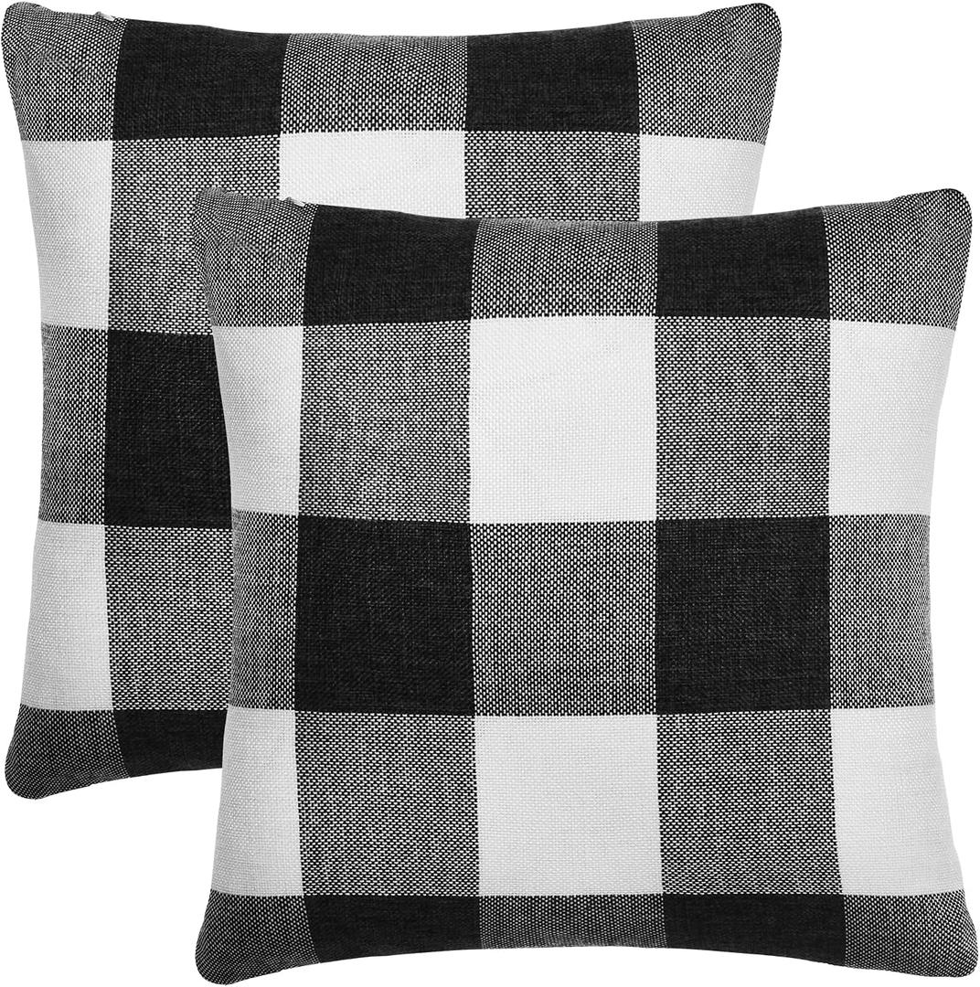 Tosewever Set of 2 Buffalo Check Plaid Pillow Covers, Farmhouse Rustic Pillow Cases, Cotton Linen Throw Pillow Covers Cushion Case for Home Decor Car Bed Sofa Couch (16" x 16", 2 Pack Black & White)