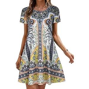 elescat Womens Summer Dresses Short Sleeve Loose Sundress Fashion Knee Length Dress with Pockets(White Bohemian, 3XL) elescat Womens Summer Dresses Short Sleeve Loose Sundress Fashion Knee Length Dress with Pockets(White Bohemian, 3XL)