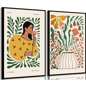 Kyiyhzp 2pcs Boho Floral Canvas Wall Art Black Girl Flowers Wall Decor Pictures Abstract Plant Prints Painting for gallery living room bedroom Wall Decoration 12x16in Poster