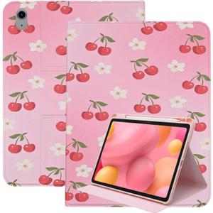 Rotating Case for iPad (A16) 11th Generation 11 Inch (2025), iPad 10th Generation 10.9 Inch (2022), Pink PU Leather Folio Stand TPU Back Cover with Auto Wake/Sleep, Cherry