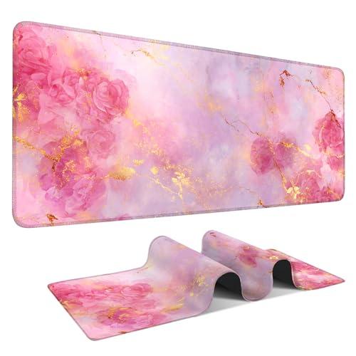 Elegant Pink Rose and Gold Marble Mouse Pad –35.43" x 15.75" Extended Desk Mat with Abstract Floral Design – Luxurious Non-Slip Surface for Office & Home Decor