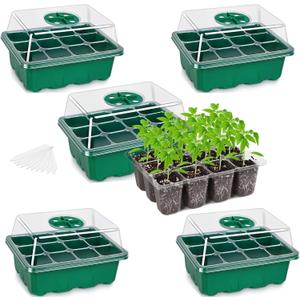 Bonviee 5-Pack Seed Starter Trays, Seed Starter Kit with Adjustable Humidity Dome and Base Indoor Greenhouse Mini Propagator for Seeds Growing Starting (12 Cells Per Tray, Green)
