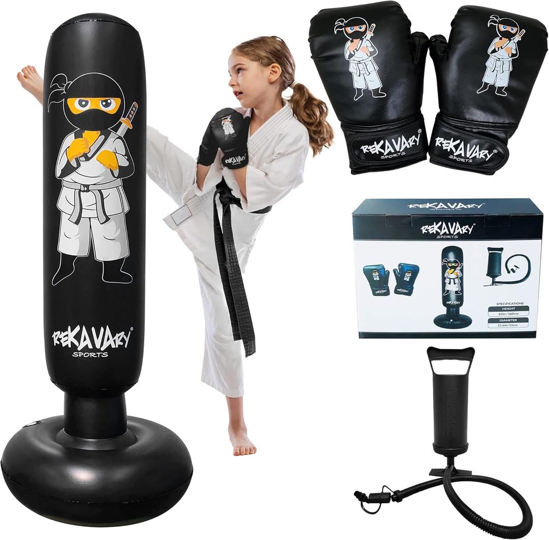 Punching Bag for Kids - 5' 3" Tall and Stable - Ninja Kids Inflatable Punching Bag Combo Kit with Kids Boxing Gloves, a Pump and Repair Kit. Boxing Bag for Immediate Bounce Back