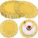 MCEAST 100 Pack Round Gold Paper Doilies 13.5 Inches Lace Place Mats Rustic Scallop Doily Disposable Paper Table Pads for Food Cakes Crafts Party Weddings Tableware Decor