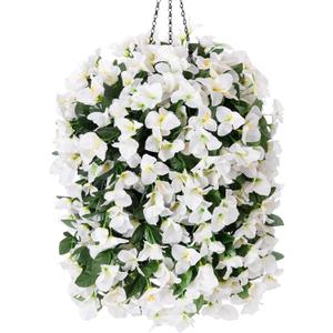 INSPRING Artificial Bougainvillea Faux Flowers Plants Baskets for Outdoor Outside Decoration, 3PCS Fake Silk Flowers Long Trailing Vines UV Resistant Realistic for Front Door Porch Patio (White)
