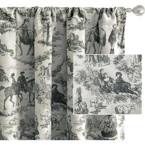 DriftAway 100% Blackout Toile Linen Curtains for Bedroom Double Layer Farmhouse French Country Vintage Printed Pattern Thermal Sound Lined Back Tab Living Room Drapes 84 inch Length 2 Panels Black