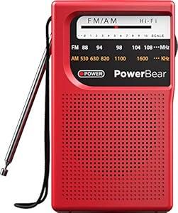 PowerBear Portable Radio | AM/ FM, 2AA Battery Operated with Long Range Reception for Indoor, Outdoor & Emergency Use | Radio with Speaker & Headphone Jack (Red)