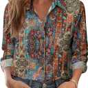 Zeagoo Button Down Shirts for Women Dressy Floral Printed Long Sleeve Blouse Business Casual Work Tops (L)