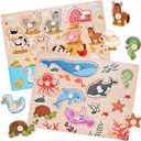 Wooden Peg Puzzles for Toddlers 1-3, 2 Pcs Montessori Puzzles, Upgraded Animal & Sea Themes Puzzles, Great Preschool Educational Learning Gifts for Girls and Boys