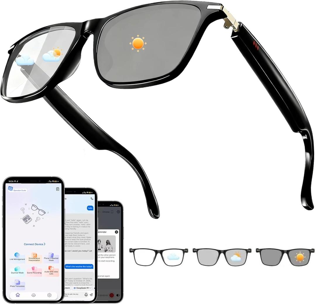 AI Smart Glasses, Support 160+ Languages, Real-Time Translation via APP, Wearable Tech Bluetooth Glasses with Speakers, Color-Change Lenses, AI Translation Glasses for Travel Meeting Trade (M01-Black)